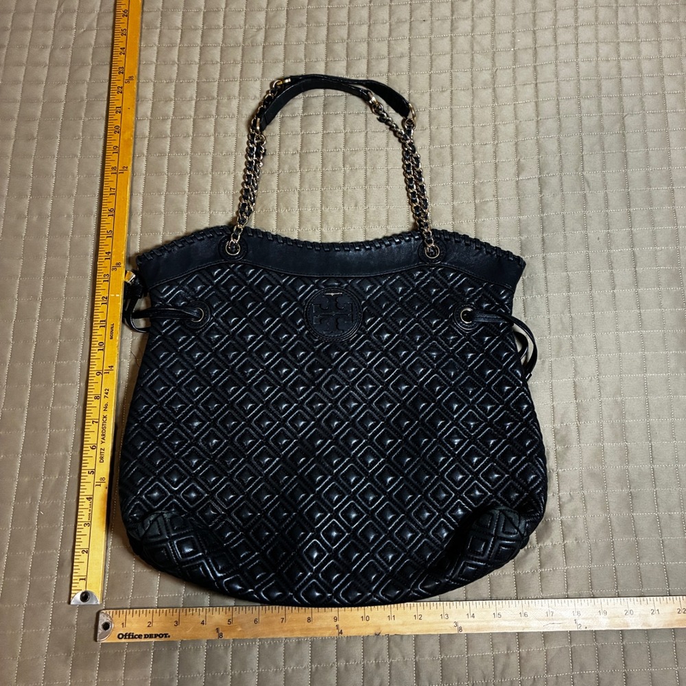 Tory Burch Marion Quilted Black Leather Tote Bag Gold Chain Shoulder Bag Large - Picture 3 of 9